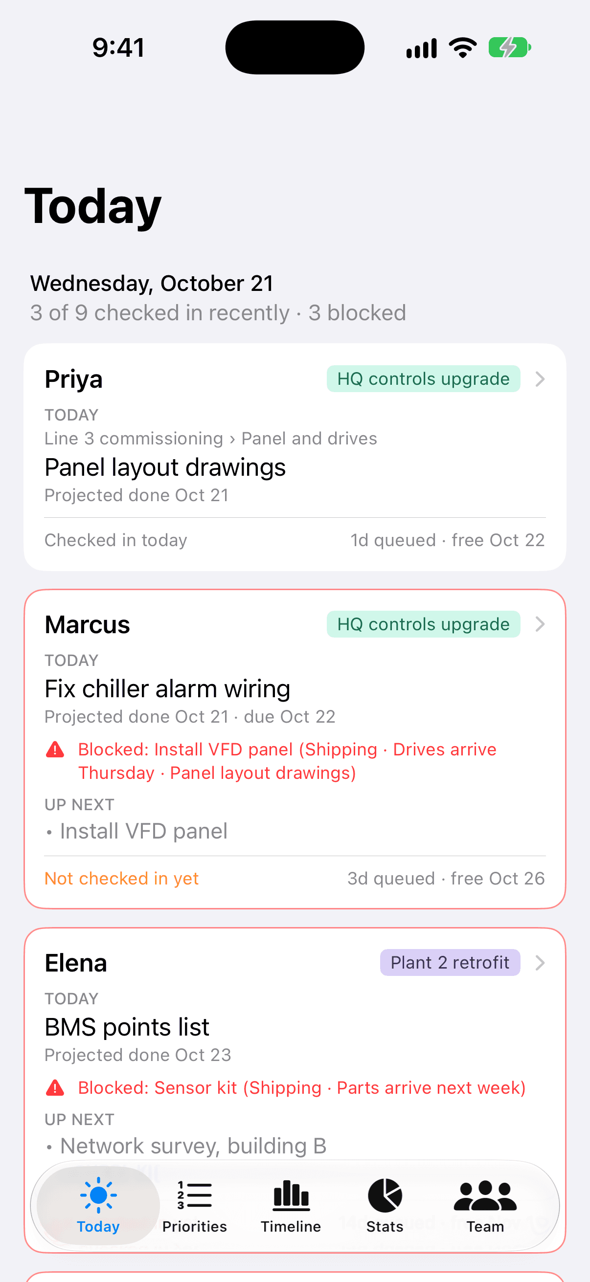 Today screen on iPhone showing each person's current task